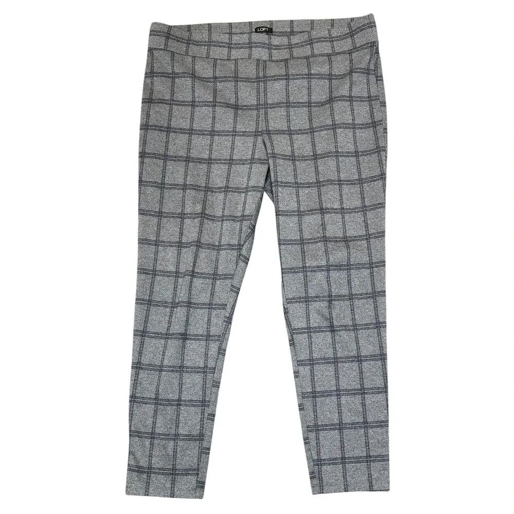 LOFT Gray Plaid Pull On Pants XL Stretch Slim Skinny Office‎ Workwear Y2K
